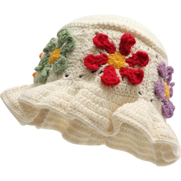 Women Winter Bucket Hat Colorful Flowers Beige